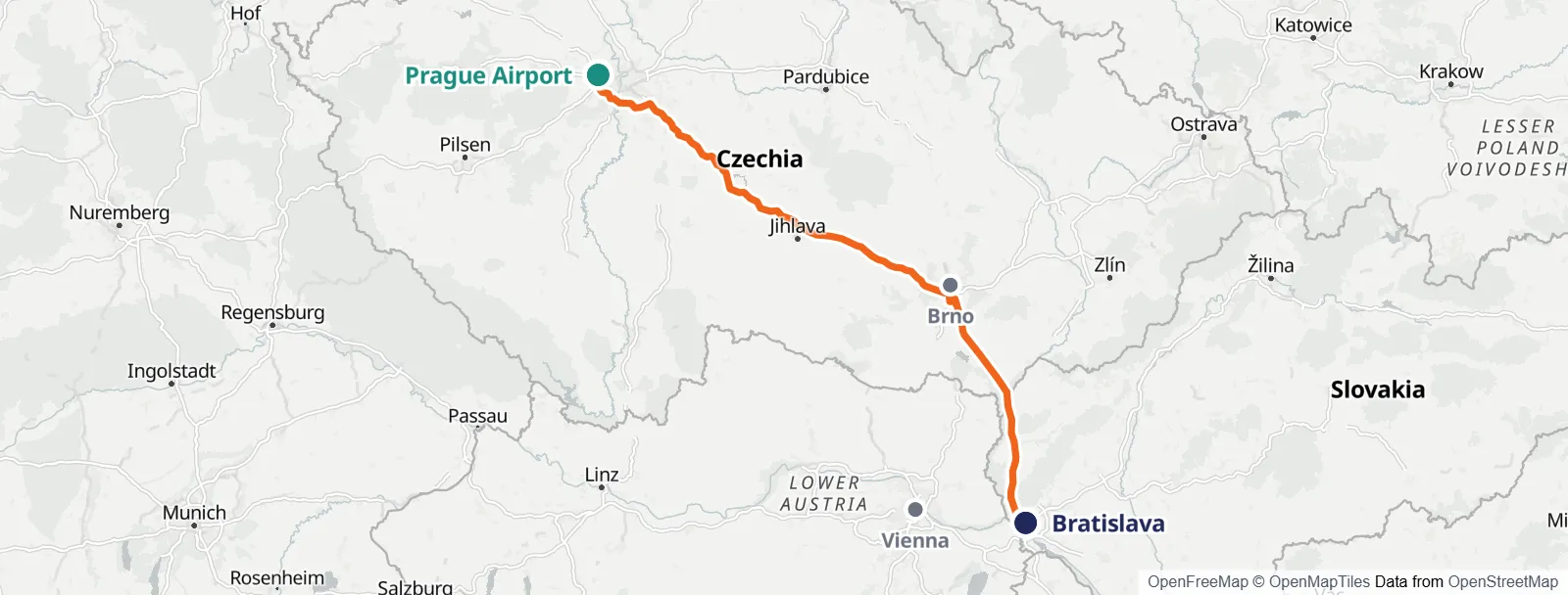 Rutekart: Prague Airport – Brno – Vienna – Bratislava
