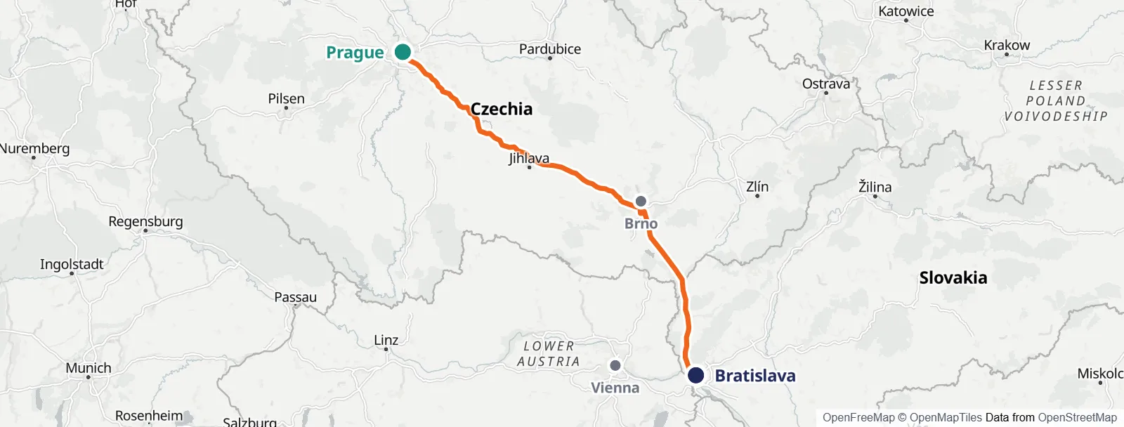 Rutekart: Prague – Brno – Vienna – Bratislava