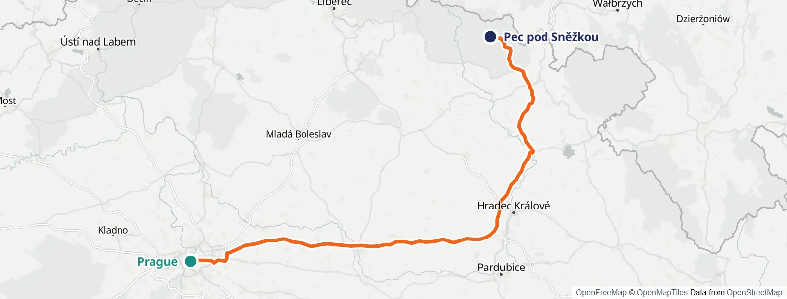 Rutekart: Prague – Pec pod Sněžkou